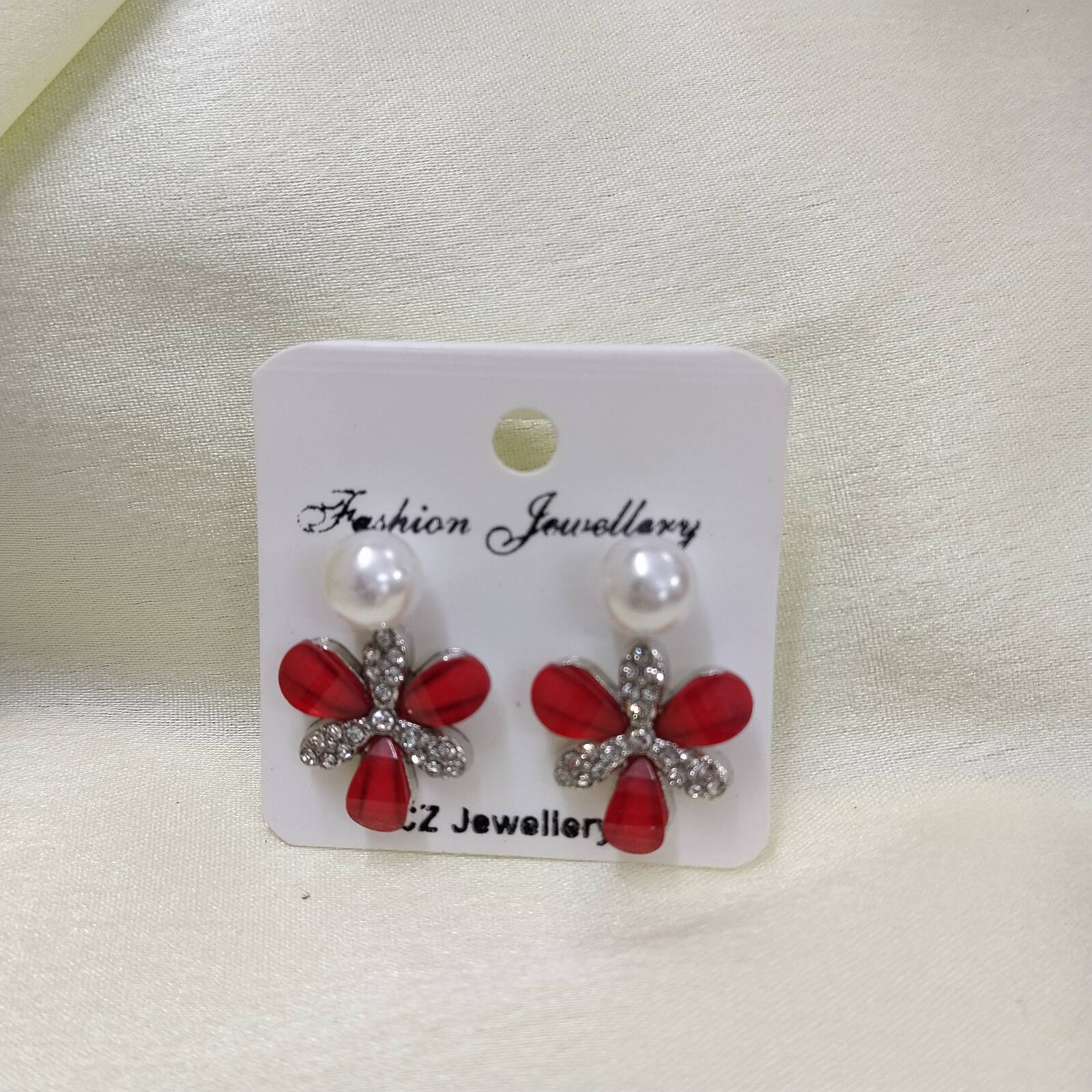 2 Set Of Earrings White Pearl & Red Stone