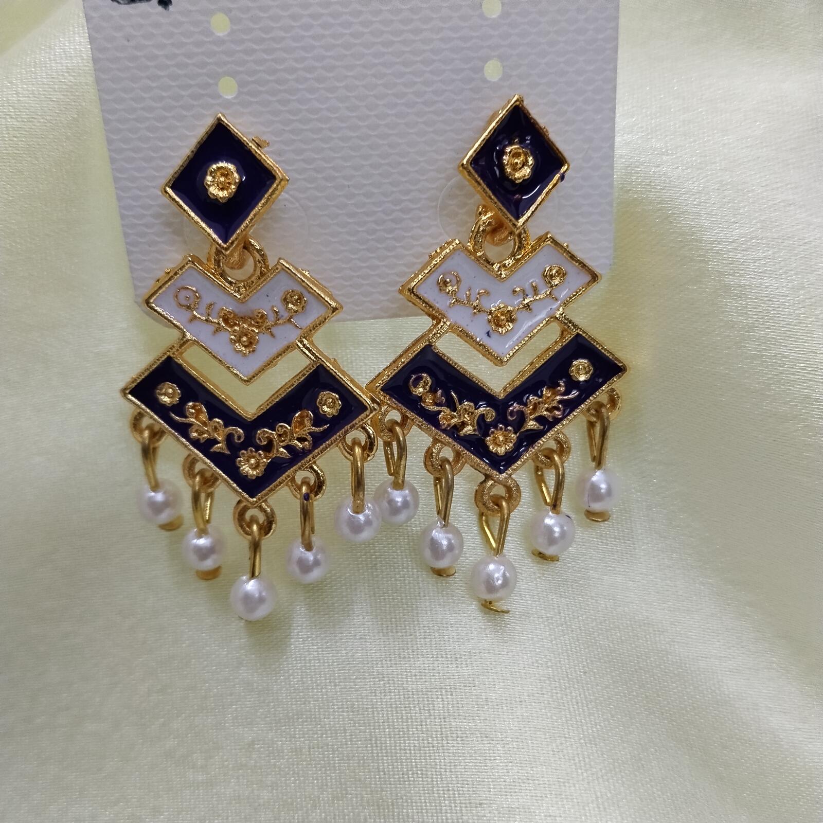 Designer Pearl Hand Painted Earrings Deep Blue