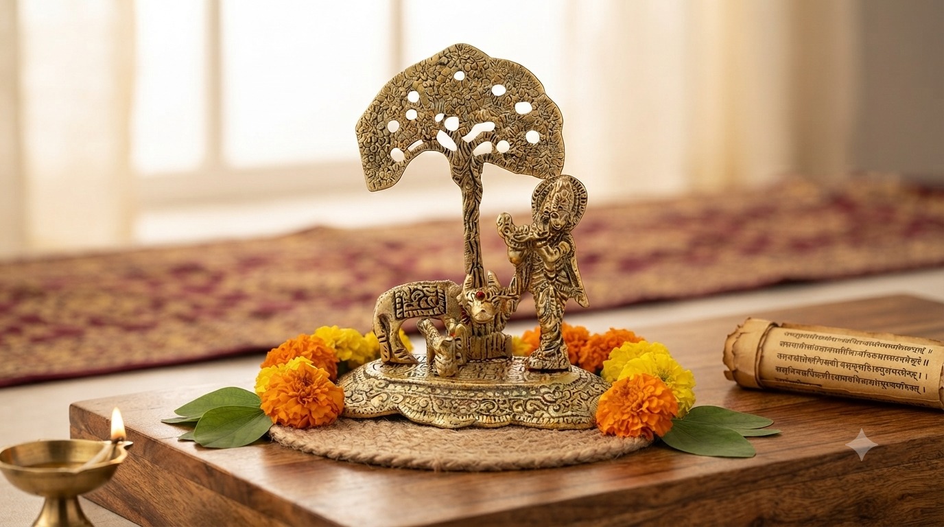 Ord Krishna Playing Flute Under Tree Idol