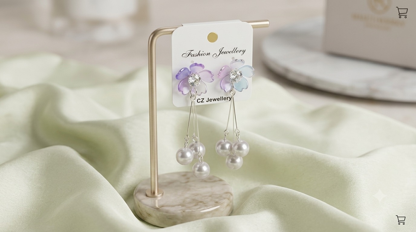 Purple And Blue Flora & Pearl Earrings